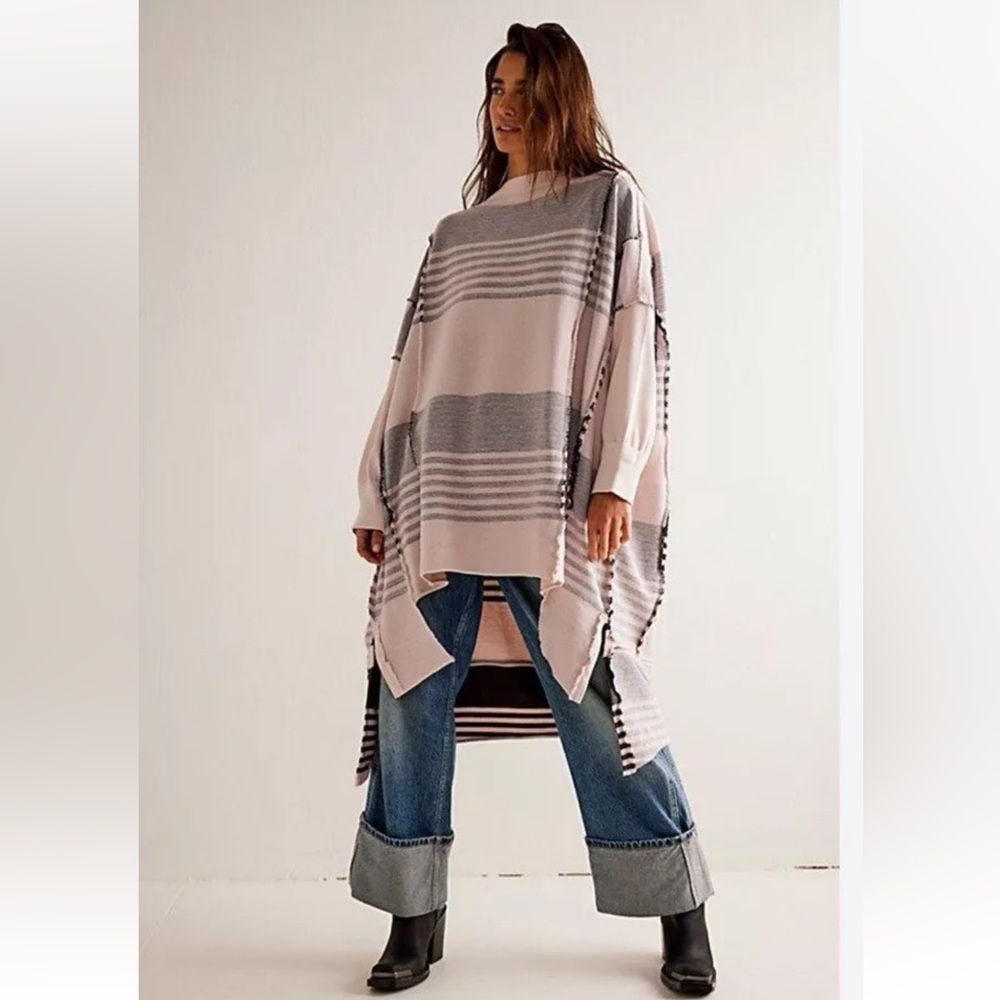 Free People Off The Shelf Maxi Top Sweatshirt Reversible Slits Mauve Chalk